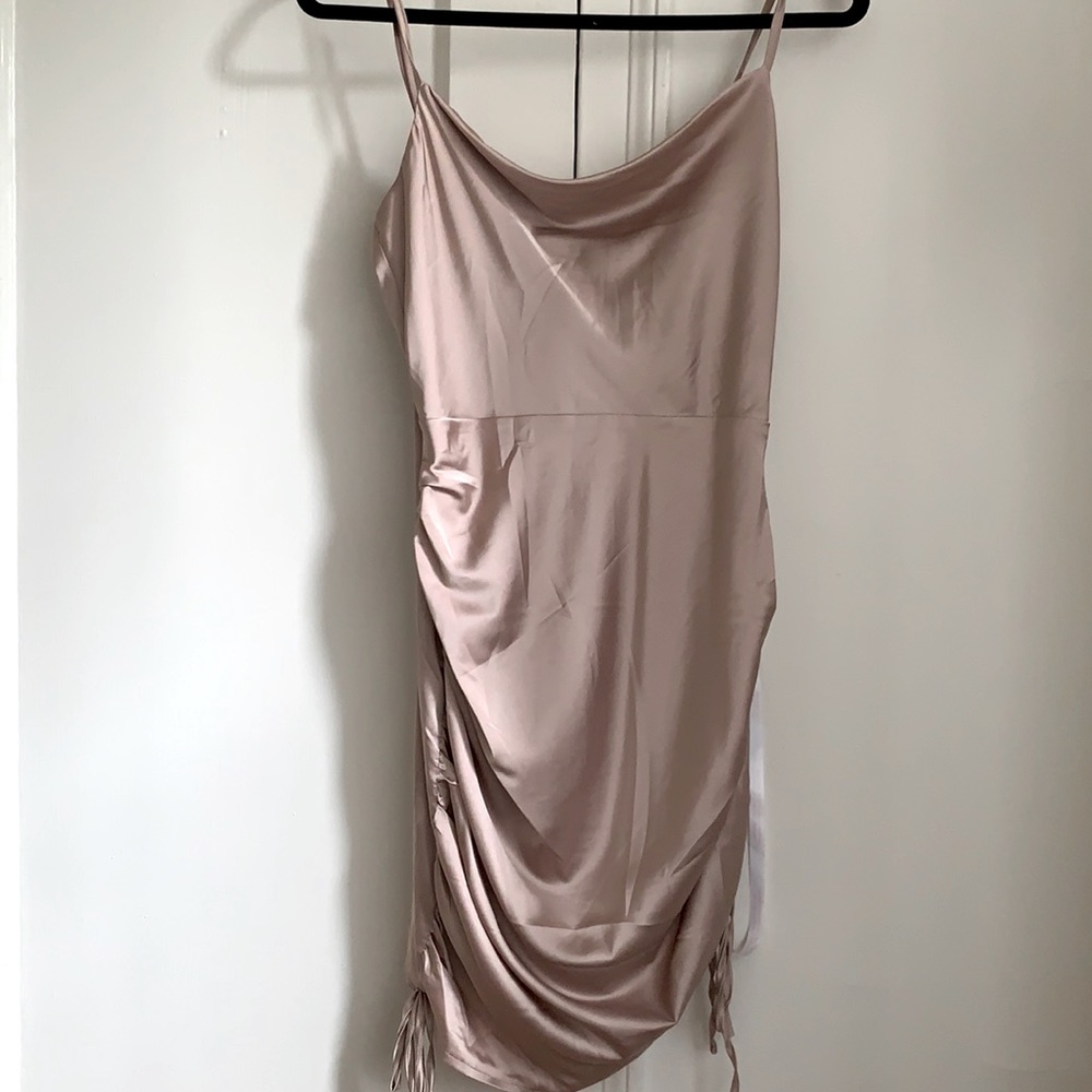 NWT Satin Cowl Neck Ruched Mini Dress